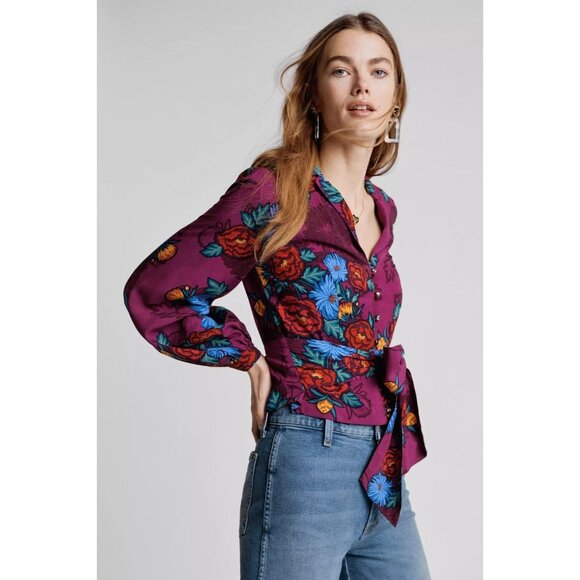 MOULINETTE SOEURS x ANTHROPOLOGIE Maisie Purple Floral Wrap Blouse Top, Size 4 - Picture 4 of 13